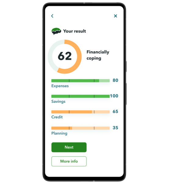 Phone showing the financial score based on the user self-assessment.